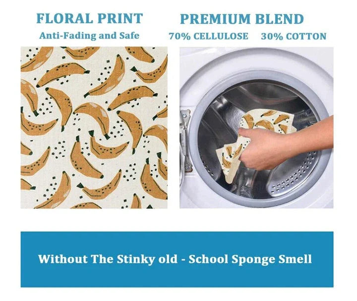 Vibrant green fruit print dish cloth made from sustainable cellulose and renewable cotton