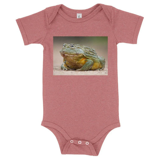 Soft and comfortable Bullfrog baby onesie made with premium Airlume cotton blends, designed for newborns to 24-month-olds