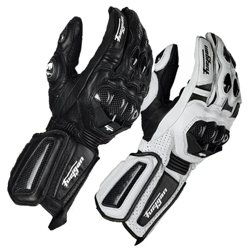 Premium motorcycle gloves made of leather and reinforced with carbon fibre for enhanced protection and breathability