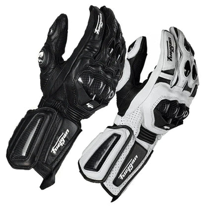 Premium motorcycle gloves made of leather and reinforced with carbon fibre for enhanced protection and breathability