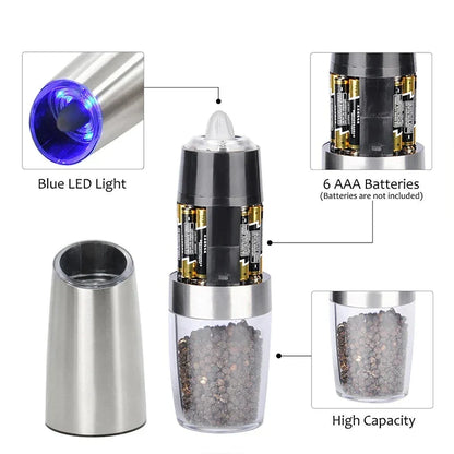 Premium electric automatic salt and pepper mill with adjustable coarseness, battery-operated, and LED light for precise seasoning