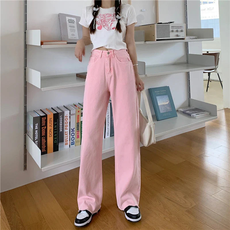 Premium cotton denim high-waist wide-leg trousers in a flattering, figure-hugging silhouette