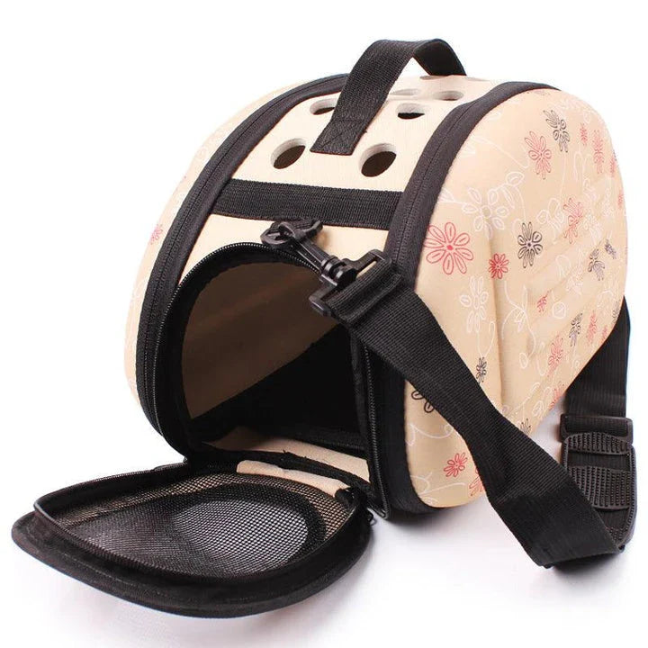Premium breathable dog carrier in champagne colour with plush polyester lining and mesh panels for comfortable pet travel