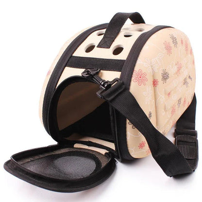 Premium breathable dog carrier in champagne colour with plush polyester lining and mesh panels for comfortable pet travel