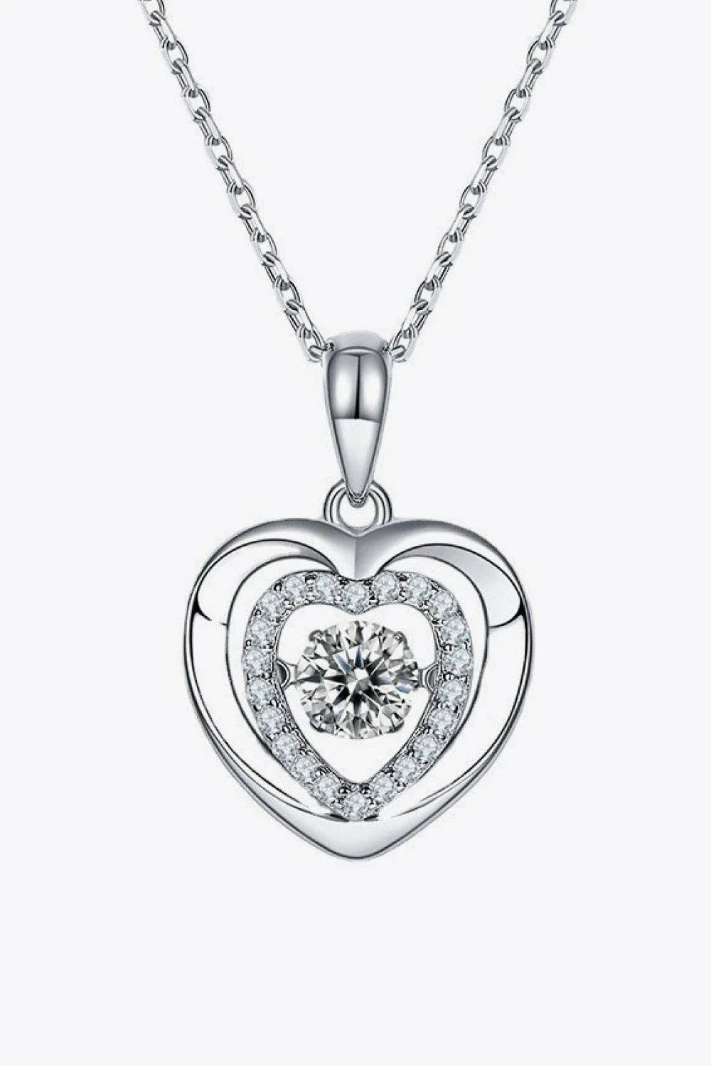 Elegant moissanite heart pendant necklace in 925 sterling silver, featuring a sparkling moissanite centre stone and shimmering zircon accents