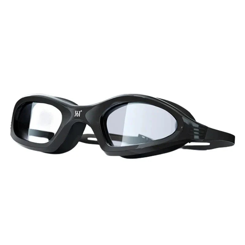 A pair of high-performance anti-fog, waterproof swimming goggles with polycarbonate lenses and a flexible silicone frame, designed for optimal clarity and comfort during swimming activities.