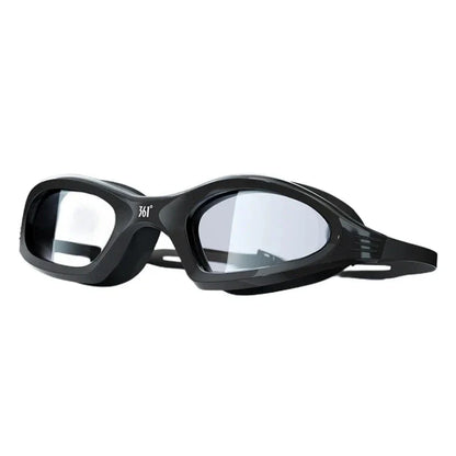 A pair of high-performance anti-fog, waterproof swimming goggles with polycarbonate lenses and a flexible silicone frame, designed for optimal clarity and comfort during swimming activities.