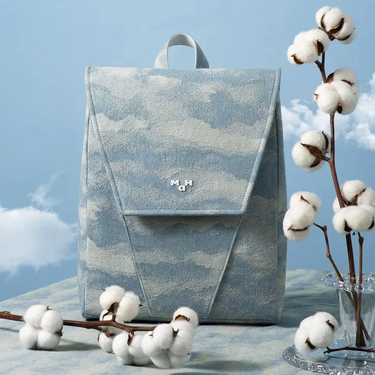 Denim Jacquard Backpack with Corrugated Print Pattern and Ample Storage Compartments