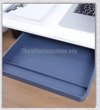 Discreet hidden under-desk storage drawer for pens, pencils, and other office supplies