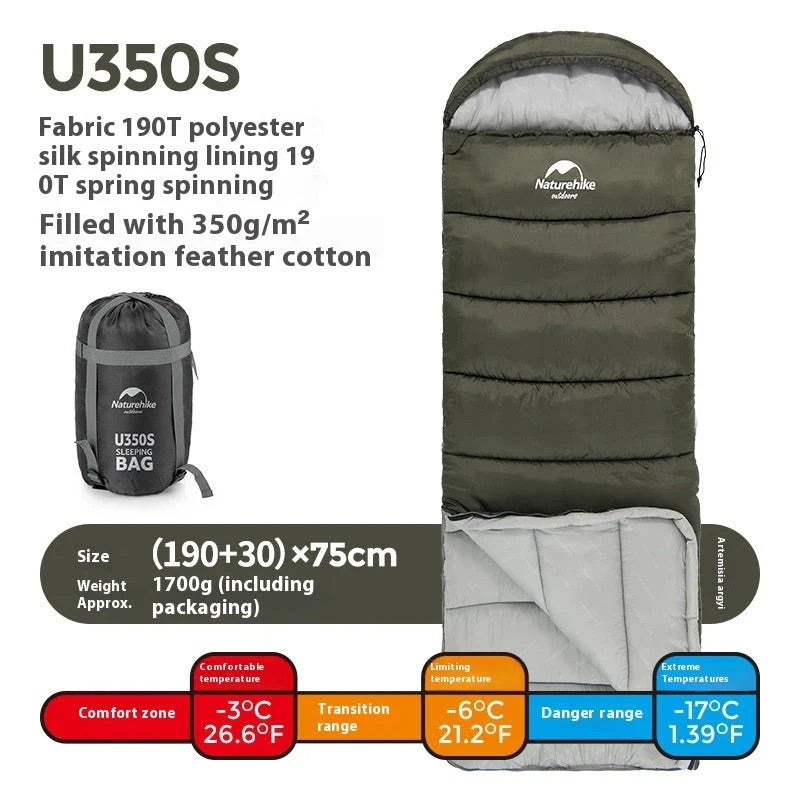 Naturehike Luxury Down-filled Sleeping Bag for Outdoor Camping in Hollow Cotton/Clay Gray, Hollow Cotton/Moxa Leaf Green, and Down Cotton/Sky Blue colours