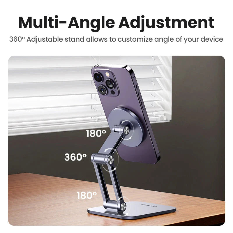 Magnetic phone holder with adjustable stand and 360-degree rotation for hands-free convenience