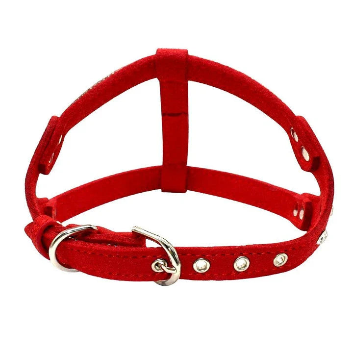 Luxurious leather dog harness with shimmering rhinestone accents, designed for style and comfort