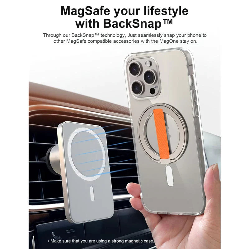 A premium 360-degree magnetic ring phone holder with wireless charging capabilities, made from high-quality aluminium alloy.