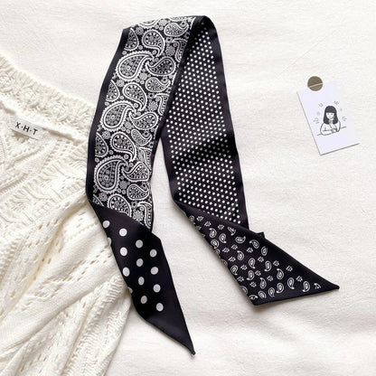 Luxury silk-feel narrow scarf in blue colour, a versatile fashion accessory for the modern British woman