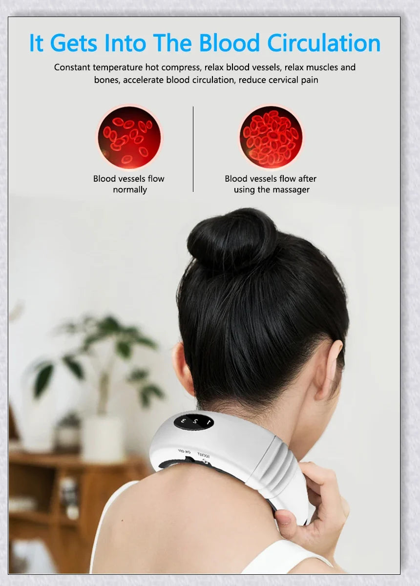 A wireless neck massager with an adjustable design for targeted neck pain relief and muscle relaxation.