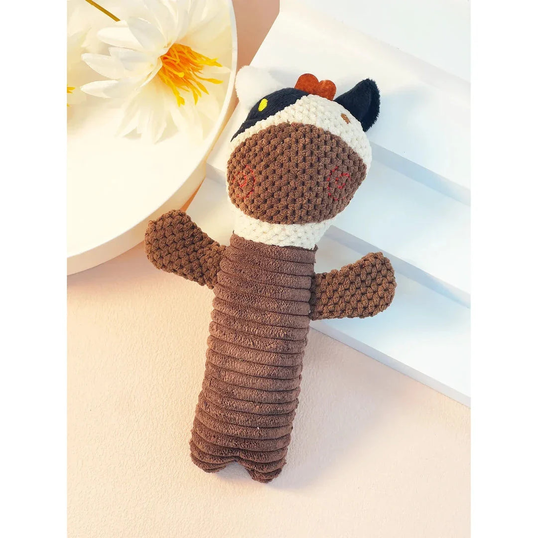 Interactive plush dog toys in the shape of corn kernels and dog figures, made of soft fleece material with built-in squeakers for endless playtime fun.