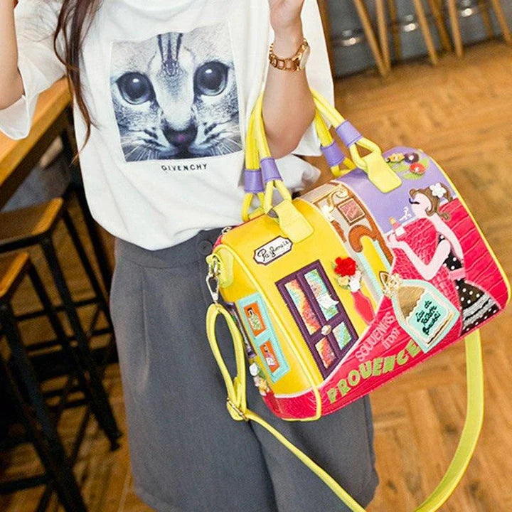 Stylish European and American-inspired women's tote bag with cartoon embroidery, suitable for use as a handbag, shoulder bag, or travel bag