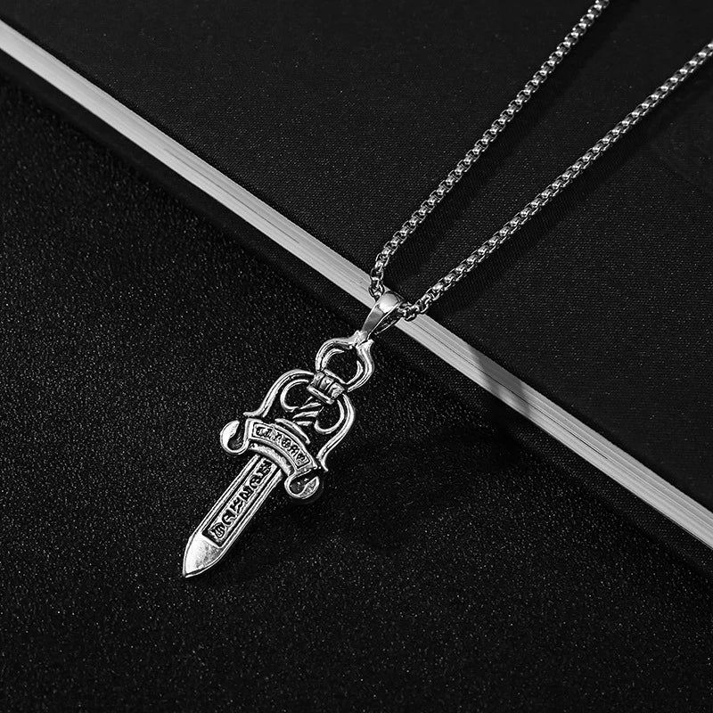 Men's Vintage Cross Sword Punk Pendant Necklace made of premium titanium steel with a sleek silver finish and elegant design