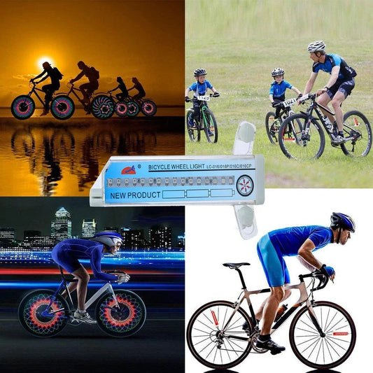 Bicycle Wheel Flashing Light with 32 LED lights in red, blue, and green colours that create a mesmerizing light show