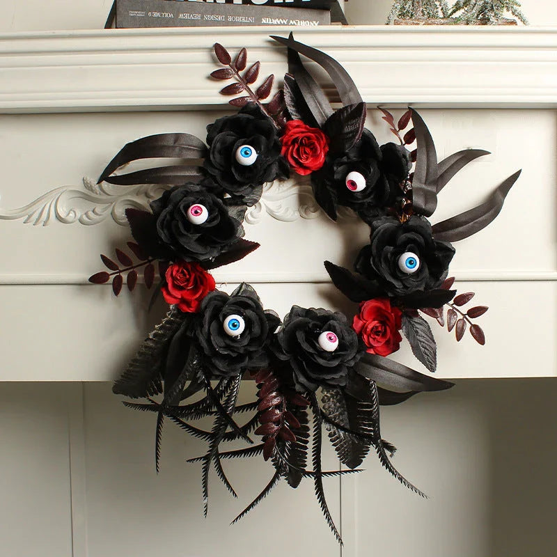 Artificial Halloween rose eyeball garland decoration with lifelike eyeballs and feathery rose blooms