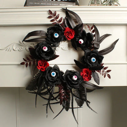 Artificial Halloween rose eyeball garland decoration with lifelike eyeballs and feathery rose blooms
