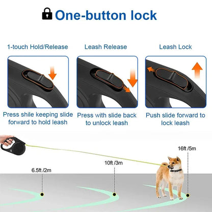 5 metre retractable dog leash with reflective strip, suitable for dogs up to 20 kg
