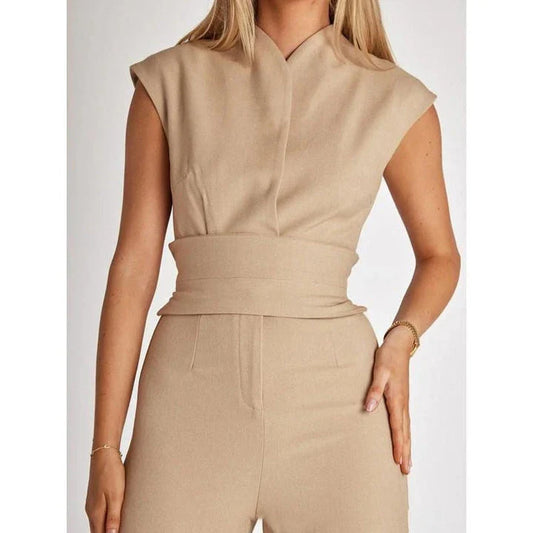 Elegant V-Neck Sleeveless Wide-Leg Jumpsuit in Khaki, a premium British fashion piece with a sophisticated design and versatile style.
