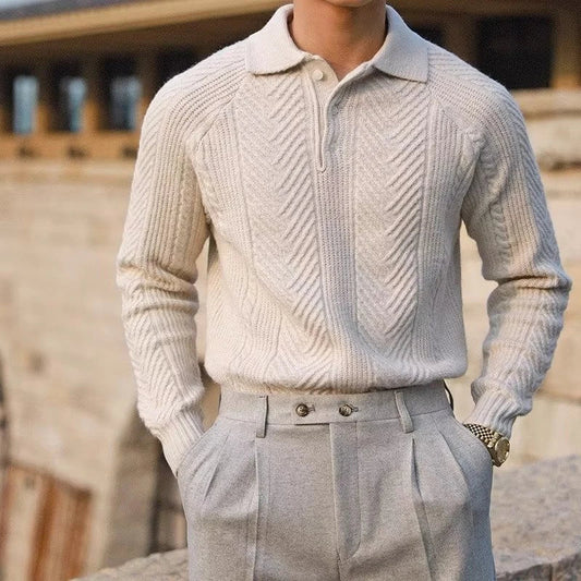 Premium men's thermal pullover in grey, black, and apricot colours with a tailored slim-fit silhouette