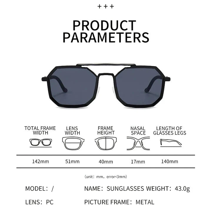Stylish polygonal double bridge sunglasses with metal frames and mirror-coated lenses for men and women