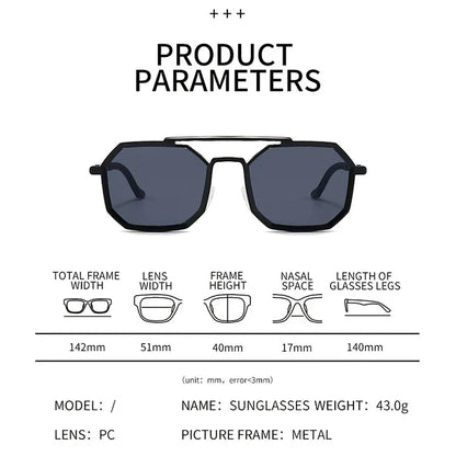 Stylish polygonal double bridge sunglasses with metal frames and mirror-coated lenses for men and women