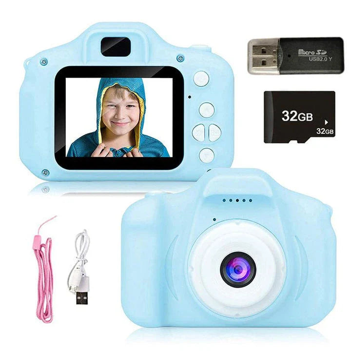 Kids' Mini HD Digital Video Camera in pink colour with 32GB storage, designed for young photographers to capture high-quality photos and videos
