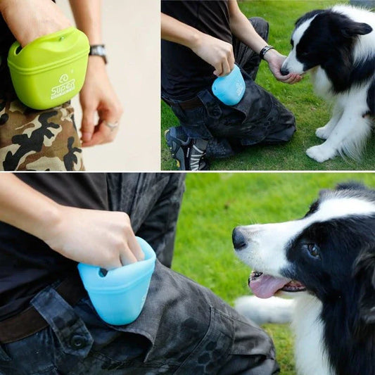 Premium waterproof dog treat pouch with durable plastic construction and convenient clip-on design