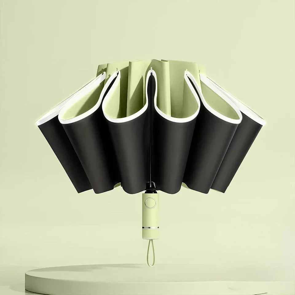 Premium auto-open reverse folding umbrella with reflective safety strip for all-weather protection