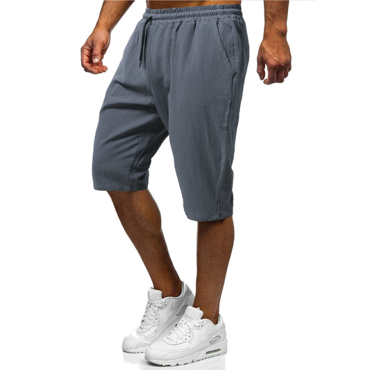 Men's casual linen-cotton cropped trousers in grey, green, and black colours with adjustable drawstring waist and straight-leg silhouette