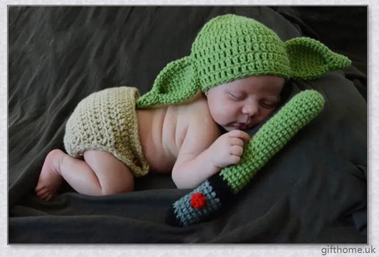 Adorable Baby Yoda crochet hat in soft cotton, designed for newborns up to 6 months old