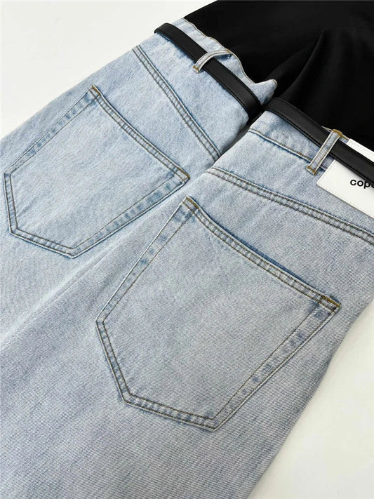 High-waist straight leg chic trousers for women, made from premium denim for a flattering and sophisticated look.
