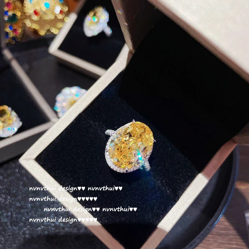 925 Sterling Silver Goose Yellow Gemstone Flower Ring with High-Carbon Diamond Accents