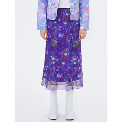 Elegant floral midi skirt with Chinese-inspired design, made of breathable polyester mesh fabric