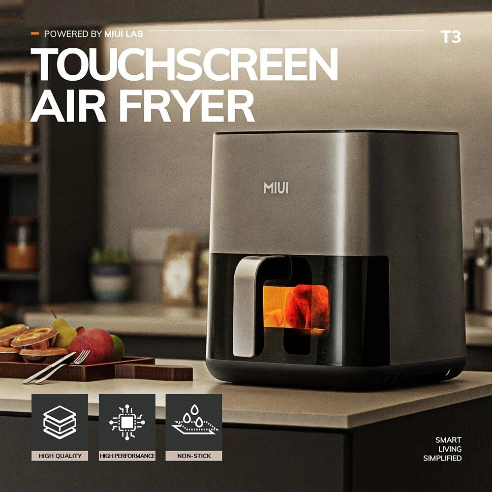 A powerful, family-sized air fryer with a touchscreen control panel and a transparent window for monitoring cooking progress.