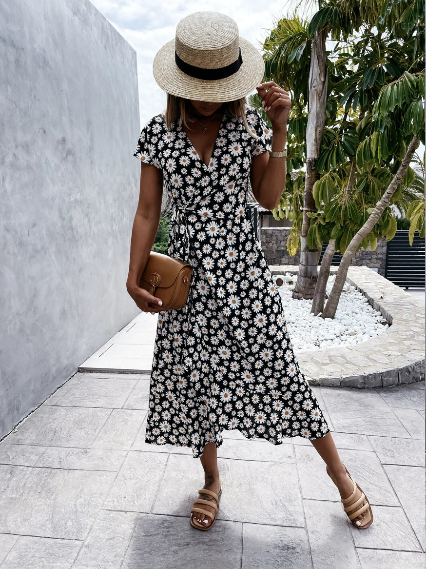 Chic V-Neck Elastic Waist Dress in Pink for a Flattering, Slimming Silhouette