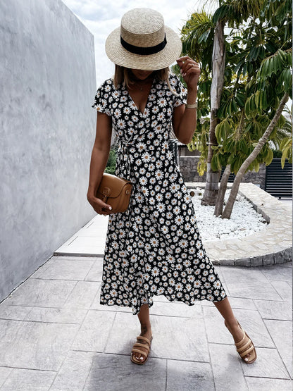 Chic V-Neck Elastic Waist Dress in Pink for a Flattering, Slimming Silhouette