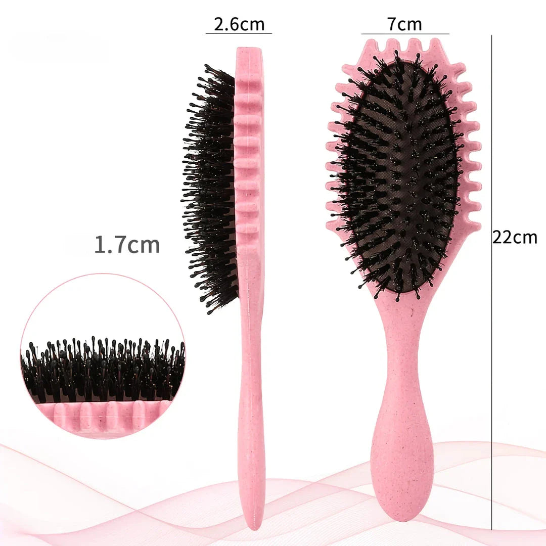 Boar Bristle Curl Defining Detangling Hair Brush in pink colour