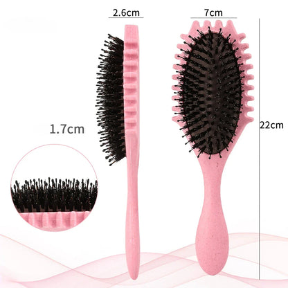 Boar Bristle Curl Defining Detangling Hair Brush in pink colour