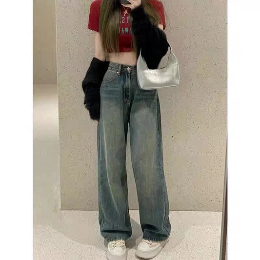Premium high-waisted wide-leg straight jeans in classic blue denim