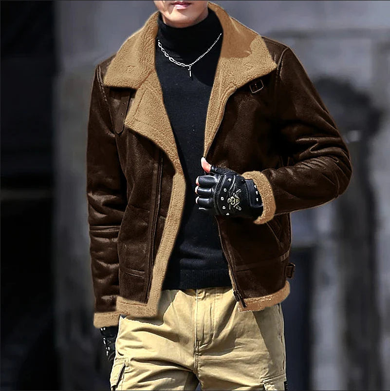 Premium lamb wool suede jacket for men in a range of classic British colours, featuring a sophisticated tailored design and plush fleece lining for optimal warmth and comfort.