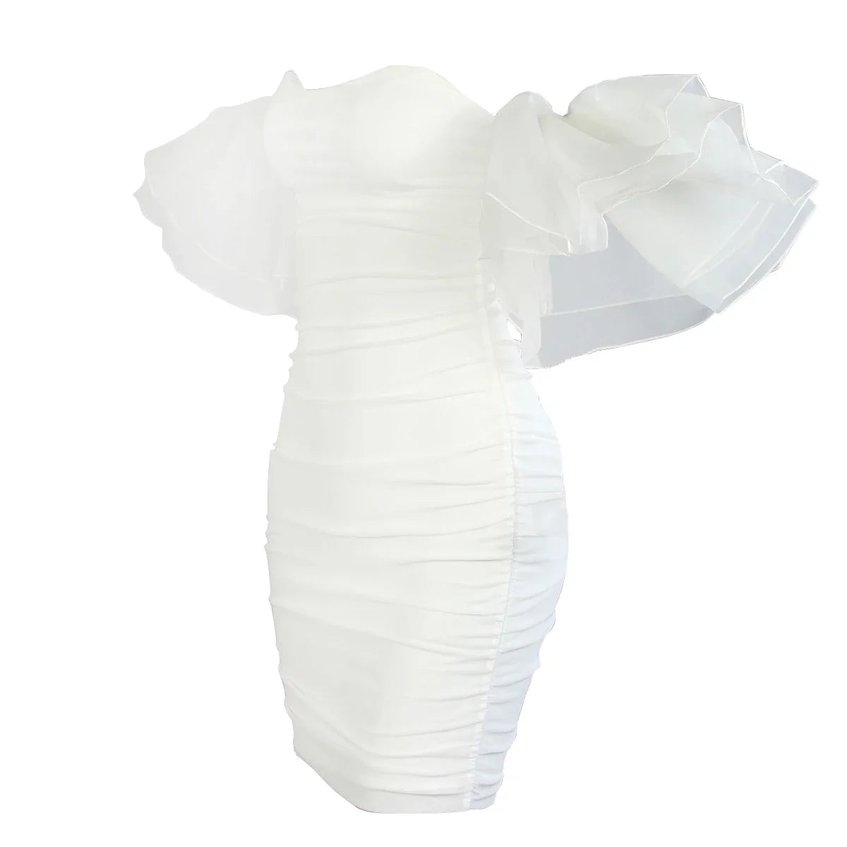 Elegant puff sleeve mesh dress with a flattering short, irregular skirt in white and black colours