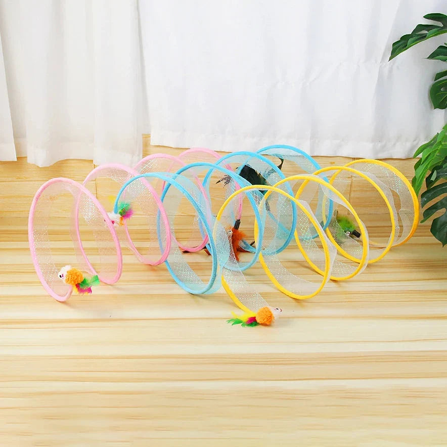 Interactive foldable cat tunnel with soft feather toys and hidden mouse, designed to engage and entertain your feline friend.