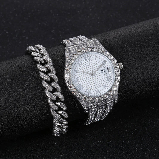 Stylish diamond-encrusted watch with stainless steel chain, available in gold, silver, and rose gold finishes