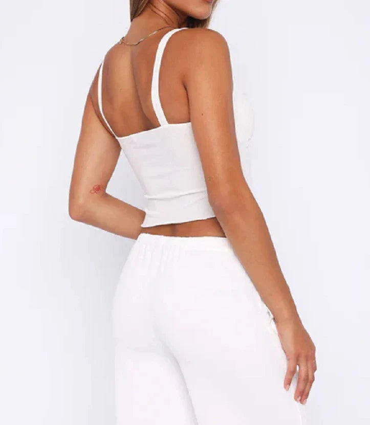 A versatile v-neck camisole top in a modern Y2K style, perfect for summer wear in the UK.