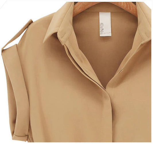 Women's V-Neck Chiffon Mini Dress in Khaki and Navy Blue with Short Sleeves and Cinched Waist